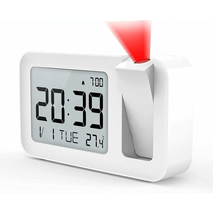 Ceas desteptator cu proiector de tavan Tigrezy, ceas desteptator digital cu termometru de interior cu proiectie la 180°, 4 niveluri de luminozitate reglabile, control al volumului