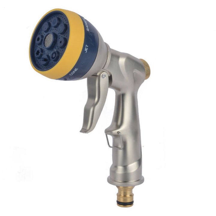 Duza metalica pentru furtun gradina, reglabila, presiune inalta, 8 tipuri pulverizare, 6-10m, albastru