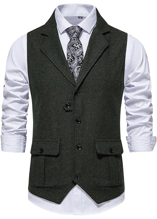Vesta eleganta barbati MakingDa, croi slim fit, marimea L, 5 nasturi, 2 buzunare, bretea reglabila spate, Material poliester, stil tweed, culoare Verde Inchis