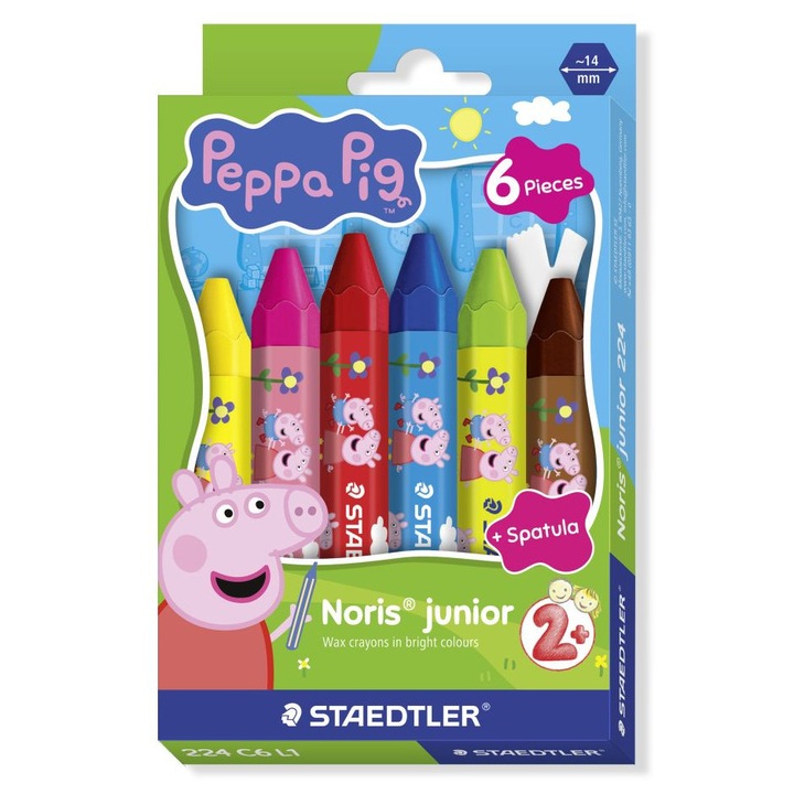 Creioane cerate Staedtler Noris junior 224 Peppa Pig, cu forma hexagonala, cu spatula, multicolor, 6 buc.