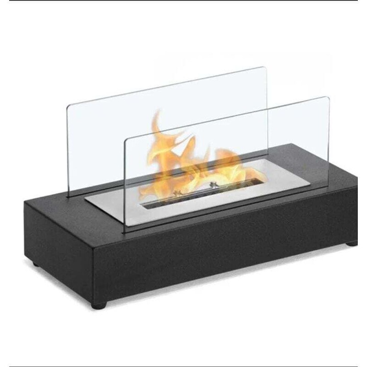 Semineu bioetanol portabil, 35.5x18x15 cm, sticla securizata, otel, negru