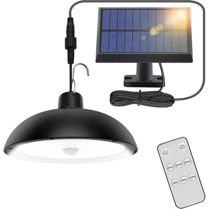 Lumina solara de exterior, lampa de gradina 78 LED, cu senzor de miscare si telecomanda, panou solar reglabil 360° cu cablu 3 m, IP65, negru, 3000 mAh, 1 buc