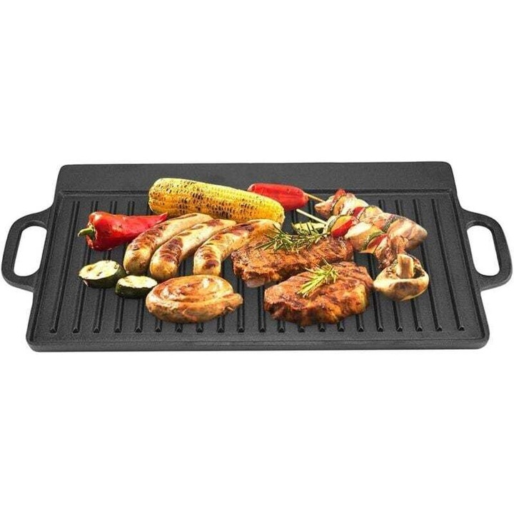 Placa grill/tava din fonta, suprafata dubla rigata si plata, strat antiaderent pretratat, compatibila cu inductie, gaz si cuptor, Negru, 50.5 x 23.5 cm