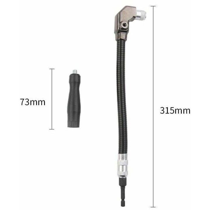 Adaptor unghiular flexibil 1/4" pentru bormasina si surubelnita, prindere rapida pentru biti hexagonali 1/4, compatibil 2.4-18 V, carcasa metalica cu angrenaje din otel pe rulmenti, negru/argintiu, 315 mm, 1 buc