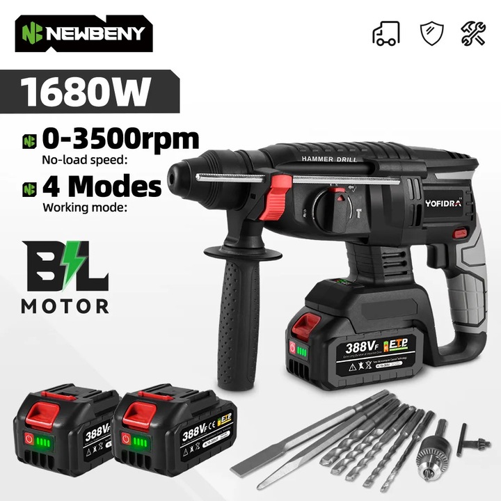 Ciocan rotopercutor, Masina de gaurit cu percutie rotativa, 18V cu acumulator, Motor fara perii, 3500 rotatii/min, Gaurire max. 26 mm, Acumulator inclus, Rosu