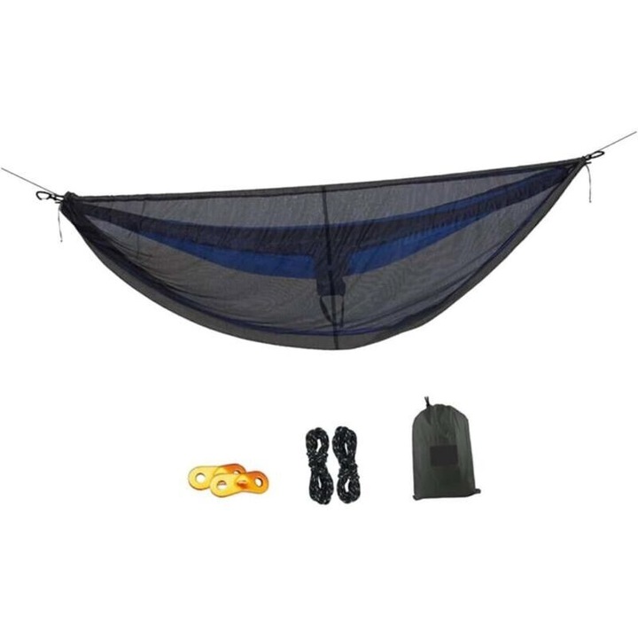 Hamac de camping, hamac portabil din material parasuta rezistent, cu plasa anti-insecte, usor de montat, Negru, 340 x 140 cm