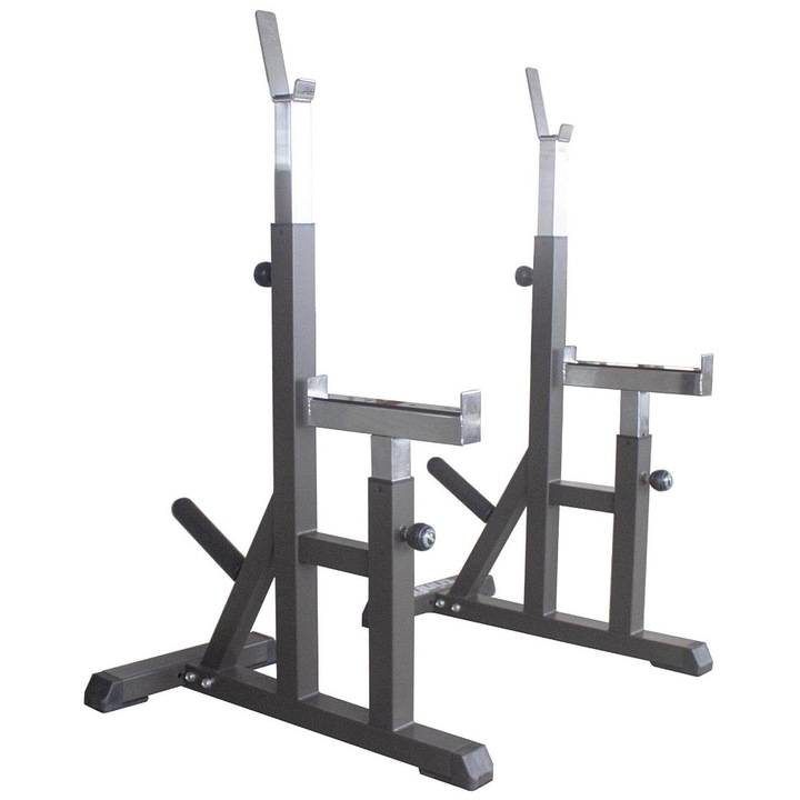 Súlyzóállvány / rúd tartó TRINFIT Rack HX4, robusztus 70x50x2 mm profilú acélból, 350 kg teherbírás, 25/50 mm tárcsatartó tüskék, állítható biztonsági ütközők, szürke, 2 db-os szett