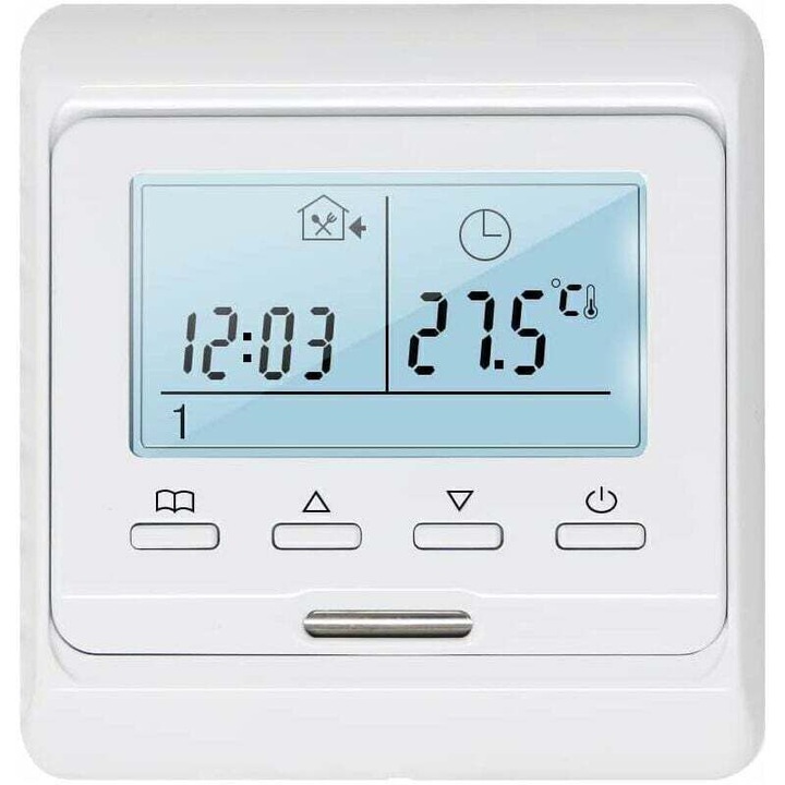 Programozható termosztát elektromos padlófűtéshez, 16A, LCD kijelző, fehér, 8x8x1.3cm