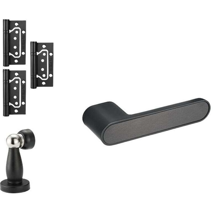 Manere usa interior, clante, set D.50 mm, aluminiu, cu arc de revenire, pentru usi 40-52 mm, negru, 1 set (manere, 3 balamale, opritor magnetic si accesorii)