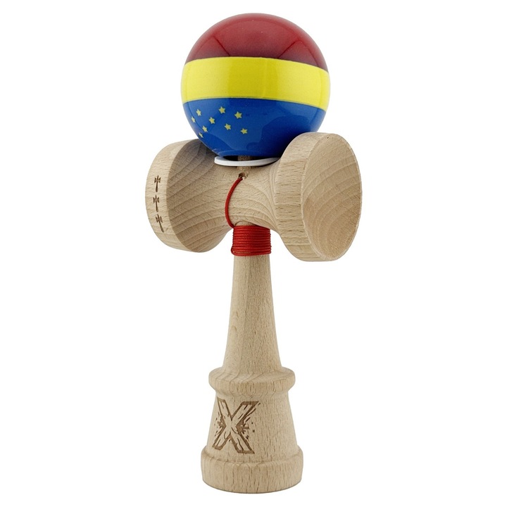 Kendama PROFESIONALA, Usor de Controlat – KING SIZE V3 cu Super Sticky Grip, Cupe Mari, Gaura in Baza, Lemn 18 cm, Ata 62/65 cm si Rulment - Editie Tricolor Premium