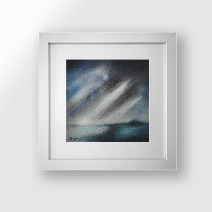 Tablou de perete, peisaj marin abstract cu nori și raze de lumină, acuarelă, reproducere de autor, poster pentru living, stil modern albastru și gri, decorațiune pentru casă