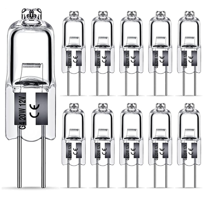 Set 12 becuri halogen G4, 20W 12V, 2700K lumina calda, 240 lumeni, reglabil, rezistent pana la 300°C, compatibil hota, cuptor, cuptor cu microunde