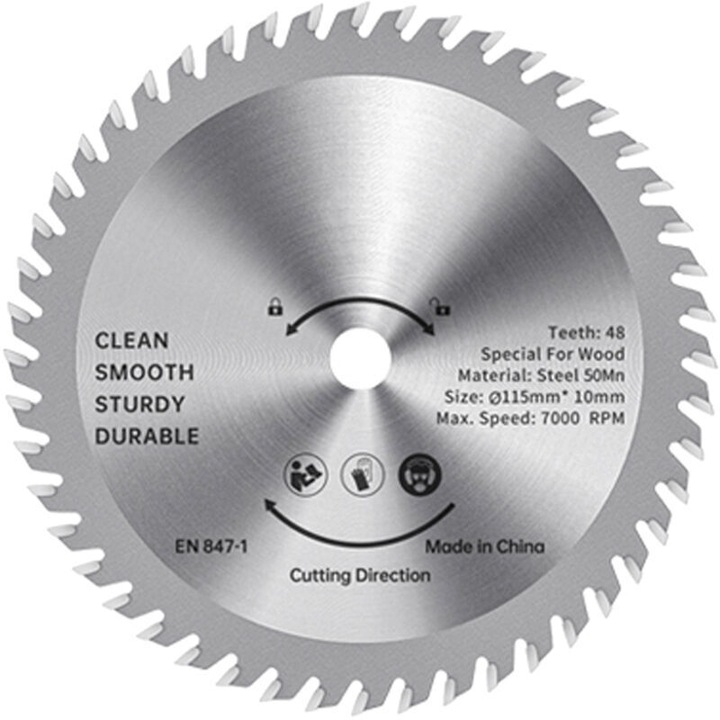 Disc ferastrau circular 115mm, 48 dinti, otel aliaj, taiere lemn, 11.5x11.5x0.3cm