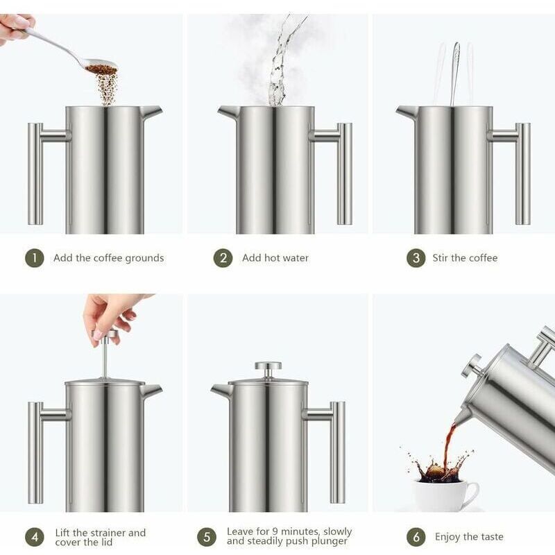 Cafetiera piston inox 1000ml, dublu perete, filtru triplu, argintiu