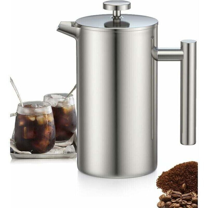 Cafetiera French Press, presa franceza, din otel inoxidabil 304, perete 6.5mm, filtru triplu din inox, pastreaza cald, fara plastic, argintiu, 1L