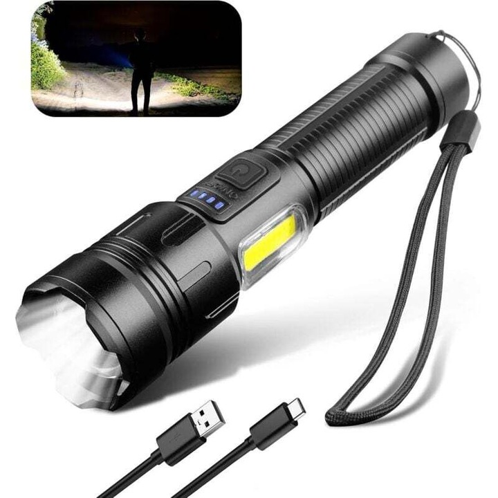 USB újratölthető LED lámpa, 1200 lumen, 4 mód, vízálló, hordozható, alumínium, fekete