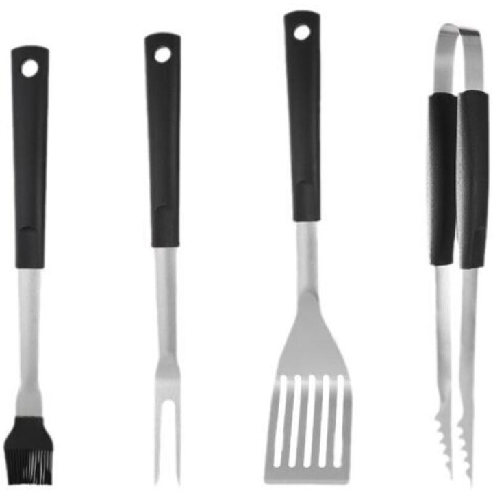 Set unelte pentru gratar si ustensile BBQ din otel inoxidabil, manere din plastic PP si cleste cu silicon, usor de curatat, negru, 4 piese