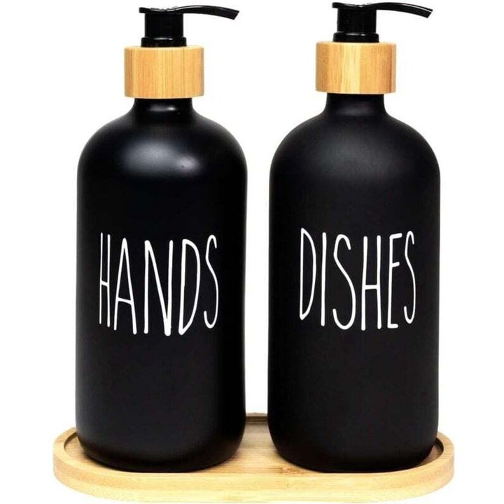 Üveg szappanadagoló/dispenser készlet, rozsdamentes acél pumpával és bambusz tartóval, fekete, 2 x 500 ml