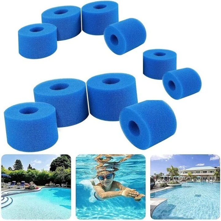 Cartus filtru spuma Type VI pentru Bestway si spa, reutilizabil, ecologic, 10.8 x 4 x 7.3 cm, albastru, 10 buc