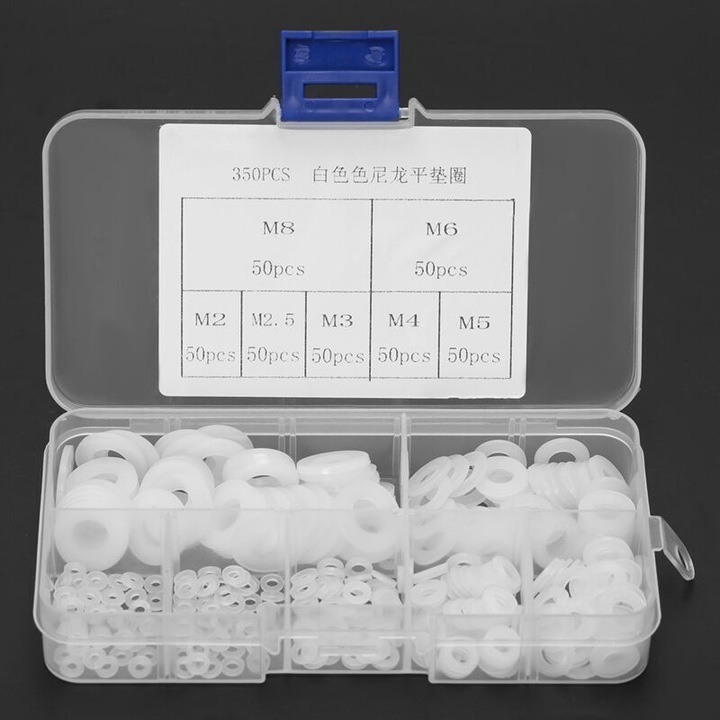 Set saibe plate din nylon, 7 marimi M2/M2.5/M3/M4/M5/M6/M8, cutie depozitare, alb, 350 piese