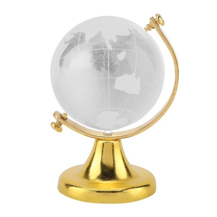 Glob de cristal 3D, cu harta a lumii gravata, mini presa de hartie decorativa, suport metalic auriu, transparent, 6.5x4 cm