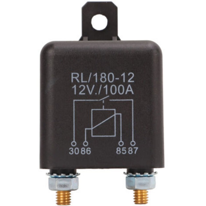 Releu izolare baterie RL/180-12, releu incarcare/comutator pornire, 12V, 100A, pentru masini si motociclete, negru, 1 buc
