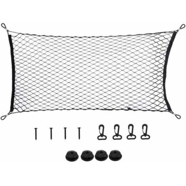 Univerzális csomagtérháló, rugalmas nylon poggyászháló, 4 kampóval és 4 rögzítő adapterrel, fekete, 120 x 70 cm, 1 db