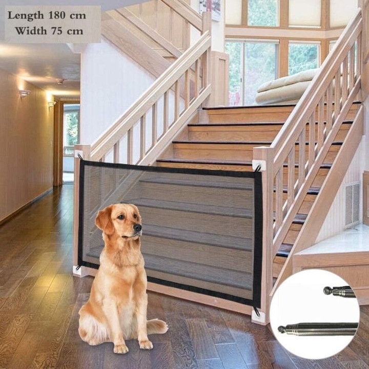 Poarta de siguranta pentru caini, bariera retractabila pentru animale 180 x 75 cm, plasa nylon rezistenta, tije extensibile din otel inoxidabil, fixare cu carlige adezive fara gauri, Negru/Gri, 1 set