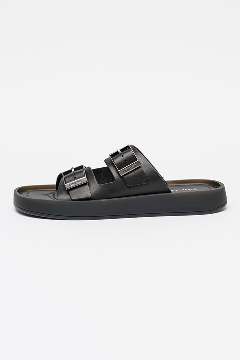 CALVIN KLEIN, Papuci de piele cu talpa plata, Negru/Argintiu