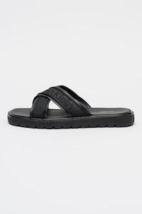 CALVIN KLEIN, Papuci cu barete incrucisate si logo, Negru antracit, Gri antracit, 44