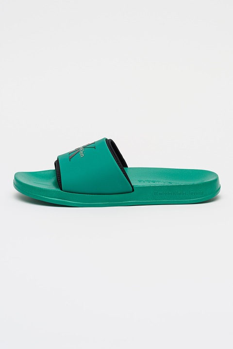 CALVIN KLEIN, Papuci de piele ecologica cu imprimeu logo, Negru/Verde aquamarin