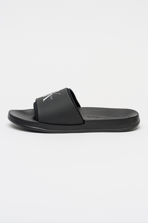 CALVIN KLEIN, Papuci de piele ecologica cu imprimeu logo, Negru, Albastru glaciar, 44