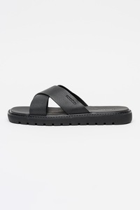 CALVIN KLEIN, Papuci de piele cu logo, Negru, 40