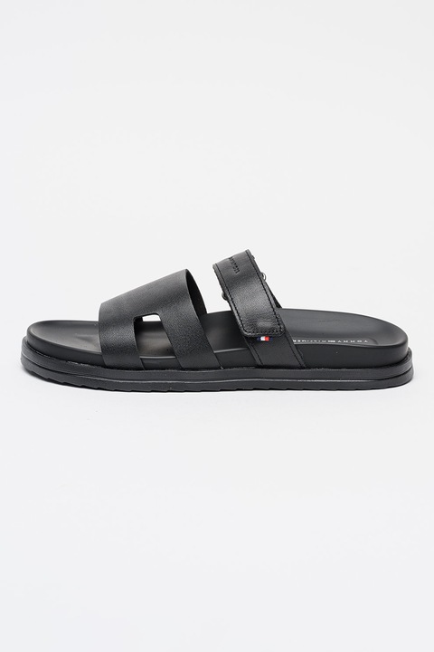 Tommy Hilfiger, Papuci de piele cu bareta velcro, Negru