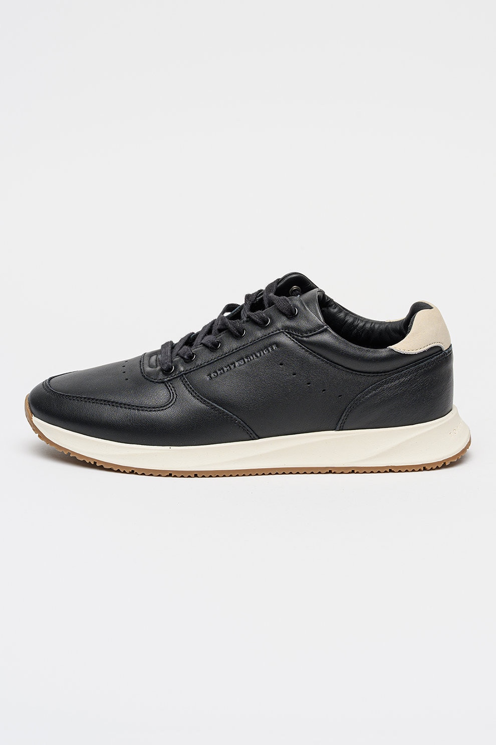 Tommy Hilfiger, Pantofi sport low-cut din piele, Negru, Alb murdar