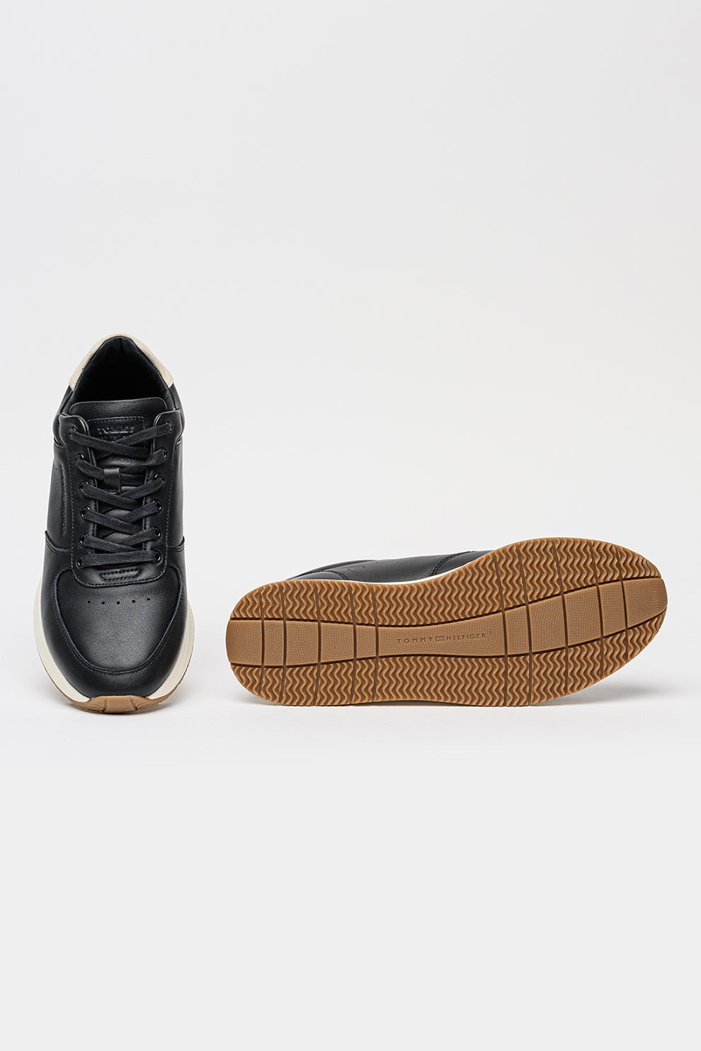 Tommy Hilfiger, Pantofi sport low-cut din piele, Negru, Alb murdar