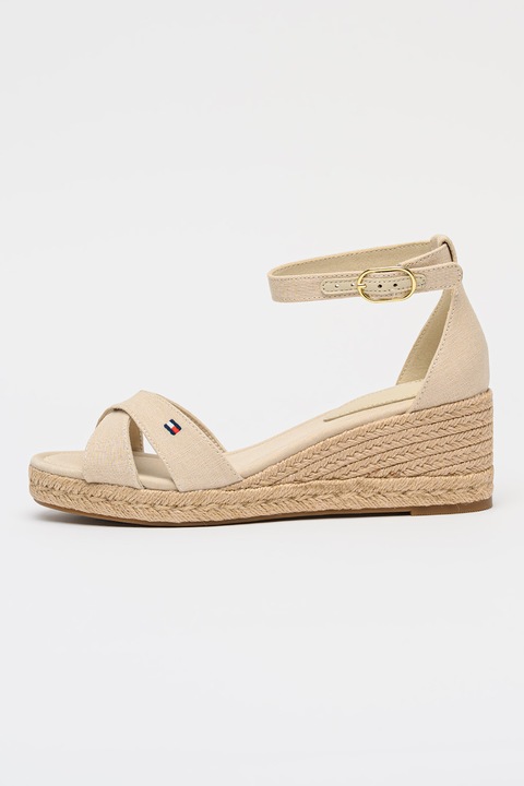 Tommy Hilfiger, Sandale cu talpa wedge din iuta, Auriu, Alb fildes, 39