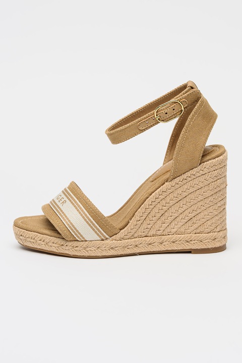 Tommy Hilfiger, Espadrile din denim cu talpa wedge si logo Safari, Auriu/Maro deschis