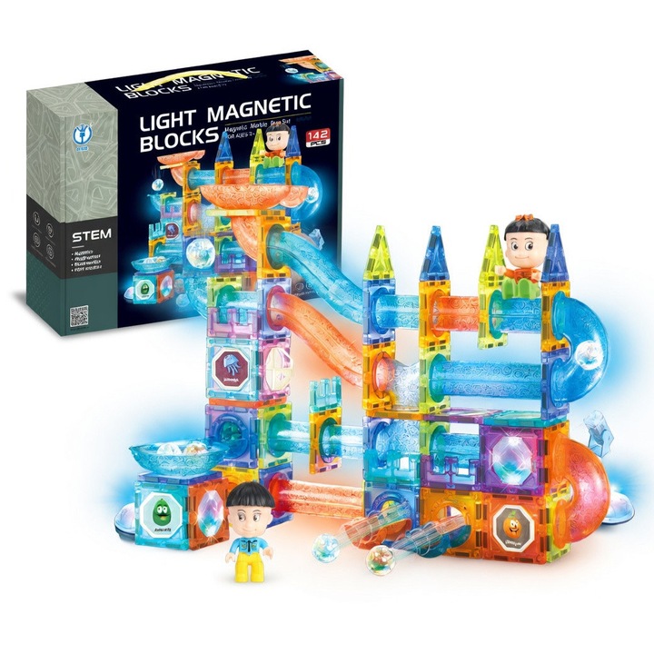 Магнитен конструктор с писта за топчета PinkBlue, 142 части, светлини и Marble Run писта, образователна STEM игра за деца 3+ години
