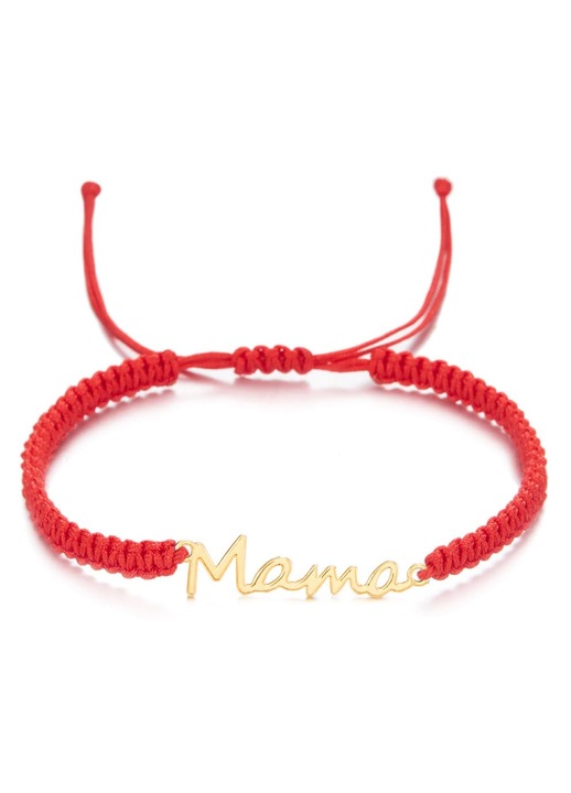 Детска гривна Mama, Ръчна изработка, Текстил/18K злато, Червено/Златно, Гривна с шнур и 8мм златна монета от 14k злато, гравирана с икона на Света Богородица