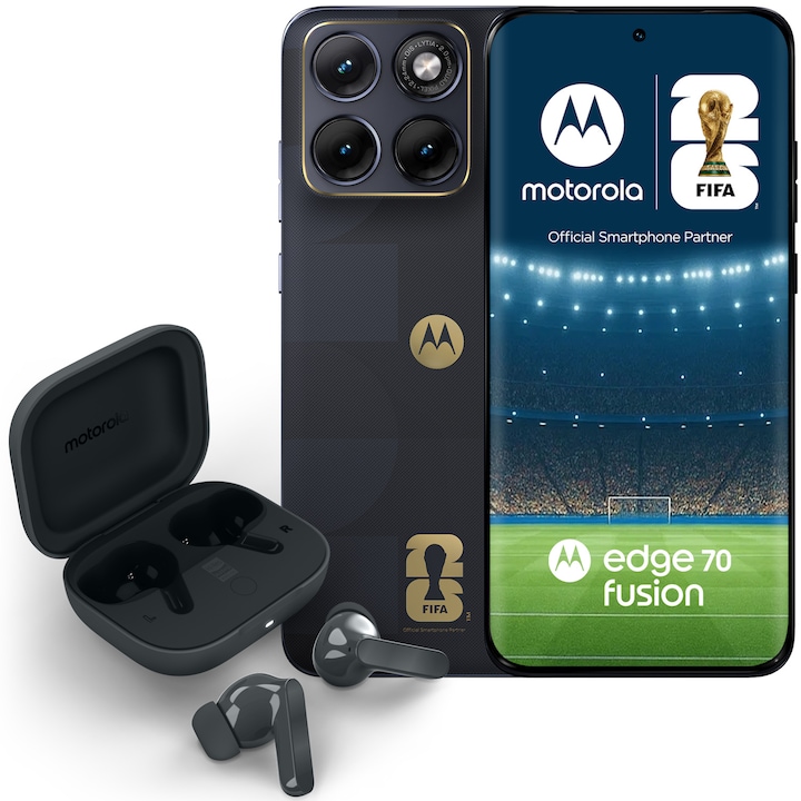 Telefon mobil Motorola edge 70 fusion FIFA edition, 256GB, 8GB RAM, 5G, PANTONE Silhouette (black) + moto buds bass