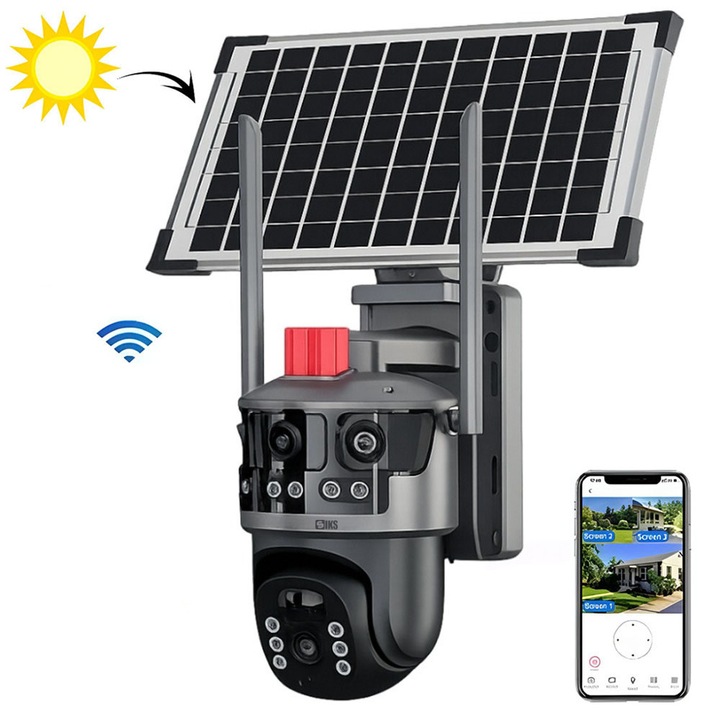 Camera De Supraveghere 3 in 1 SIKS, Video 4K UltraHD, 4 Lentile Filmare, Panou Incarcare Solara, WiFi, 12MP, Slot MicroSD, Rotire 360°, Vedere Nocturna, Senzor Miscare, Aplicatie V380 Pro, Comunicare Bidirectionala, Alarma, Rezistenta La Apa, T2102, Negru