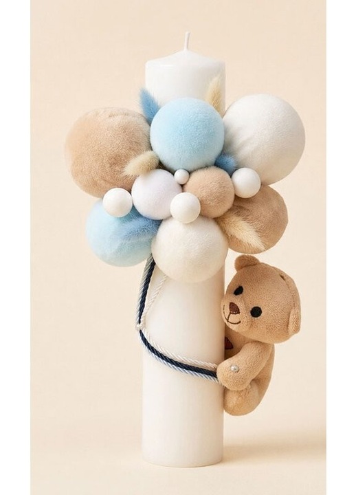 Lumanare botez, nemuritoare, Teddy cu baloane, din ceara clasica, alb, 30cm