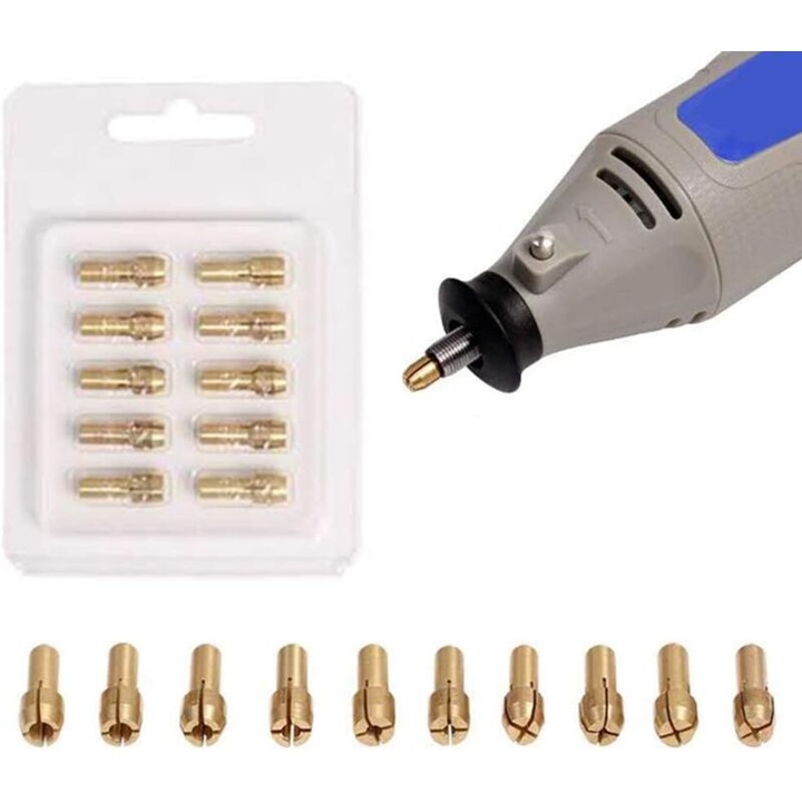 Set 10 mandrine de precizie din alama/collet compatibile cu Dremel, diametre 0.5-3.2 mm, tija O 4.3 mm, auriu