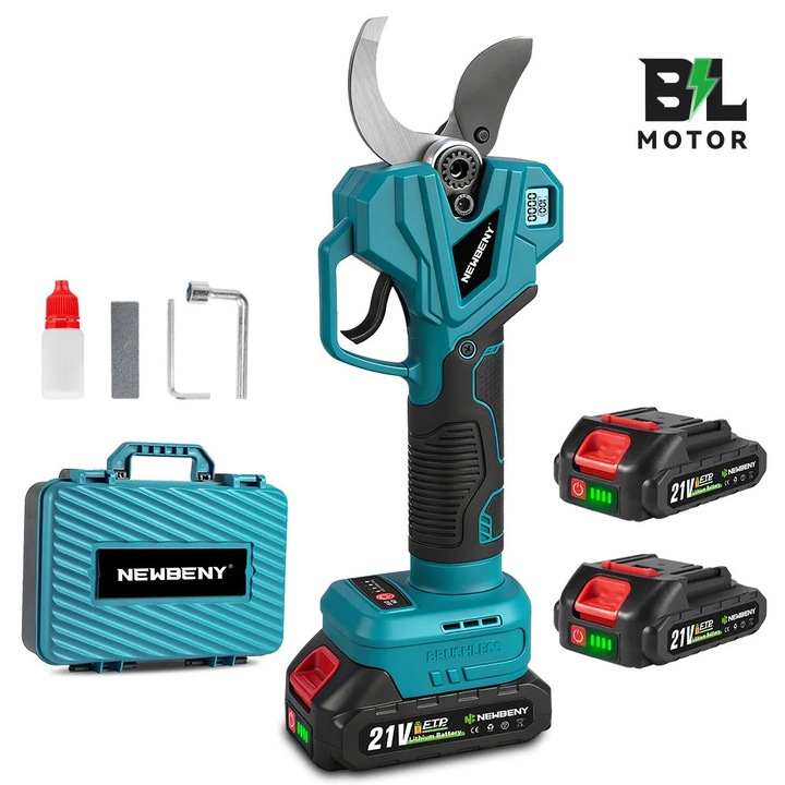 Elektromos kerti metszőolló, Akkumulátoros metszőolló, 21V, 2 akkumulátor, Kefe nélküli motor, Szénacél penge, 4 fokozat, 75 mm vágási kapacitás