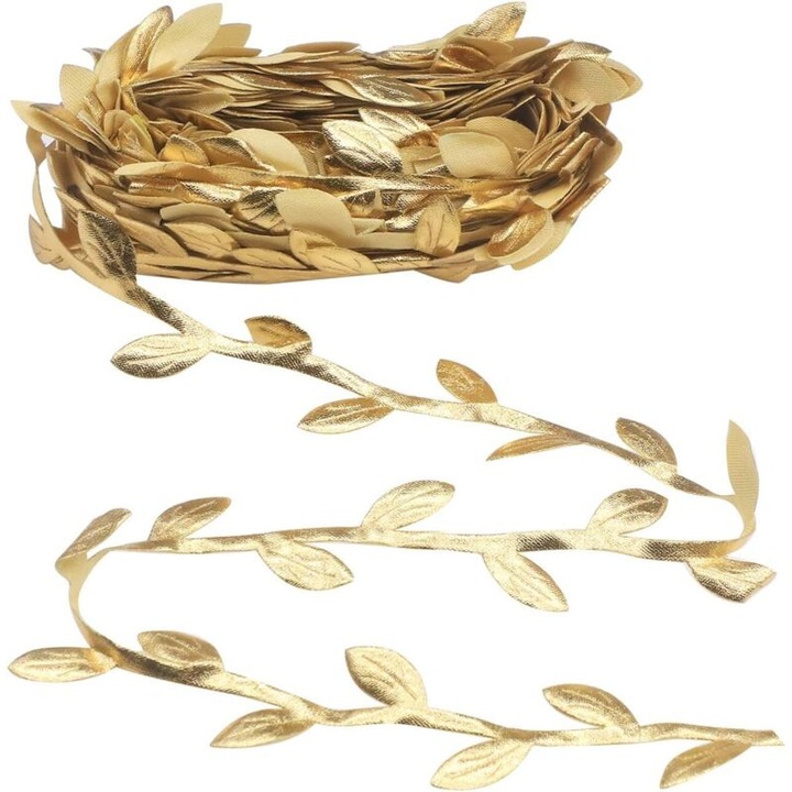 Ghirlanda decorativa cu frunze Leaf Trim, banda cu frunze, din sfoara biodegradabila de canepa, frunze din poliester, auriu, 10 m