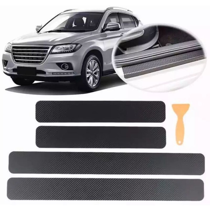 Set 4 benzi protectie prag usa auto, textura fibra carbon, negru, universal