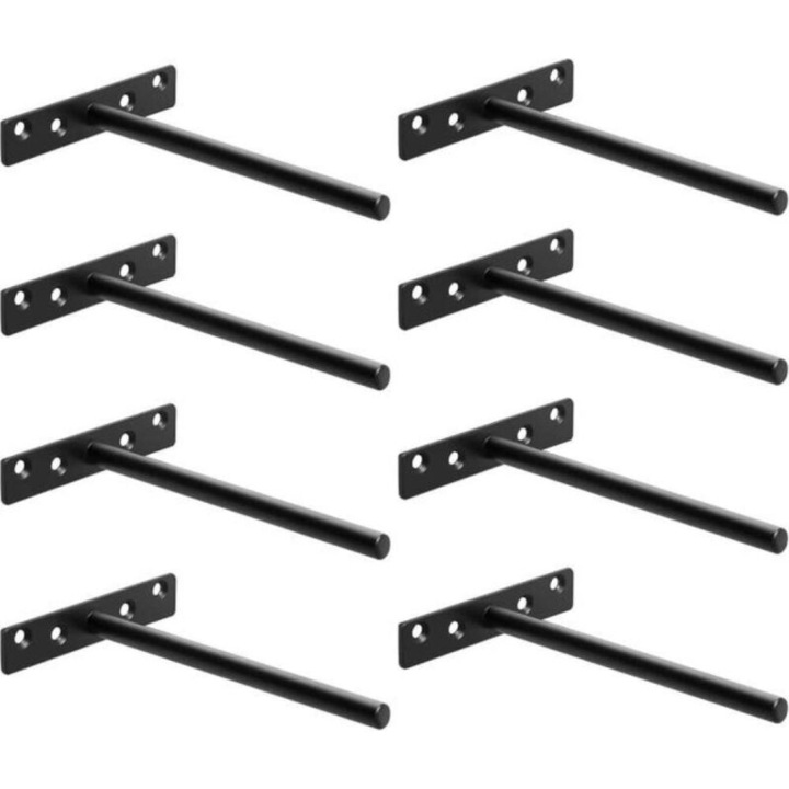 Set 8 suporturi metalice negre pentru rafturi suspendate 10x145mm