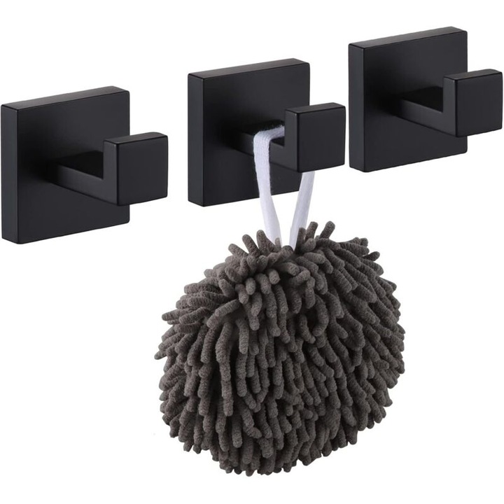 Set 3 carlige (agatatoare) pentru prosoape si halate, din otel inoxidabil SUS 304, finisaj mat rezistent la amprente, Negru, 3 buc