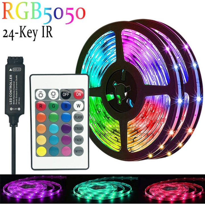 Banda LED 5050/2835 RGB dimabila cu telecomanda si 16 culori/4 moduri dinamice, Multicolor, 10 m